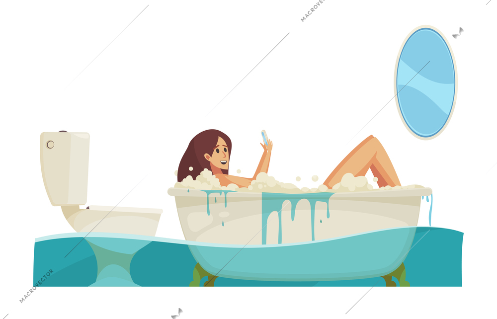 Gadget addiction composition with view of girl taking bath with smartphone and flooded bathroom vector illustration