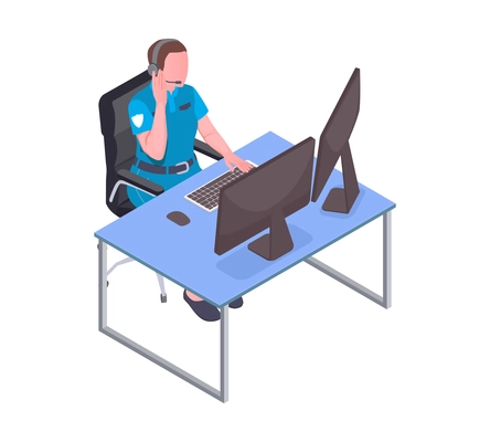 Emergency service isometric composition with view of call centre worker at working place with computers and headset vector illustration