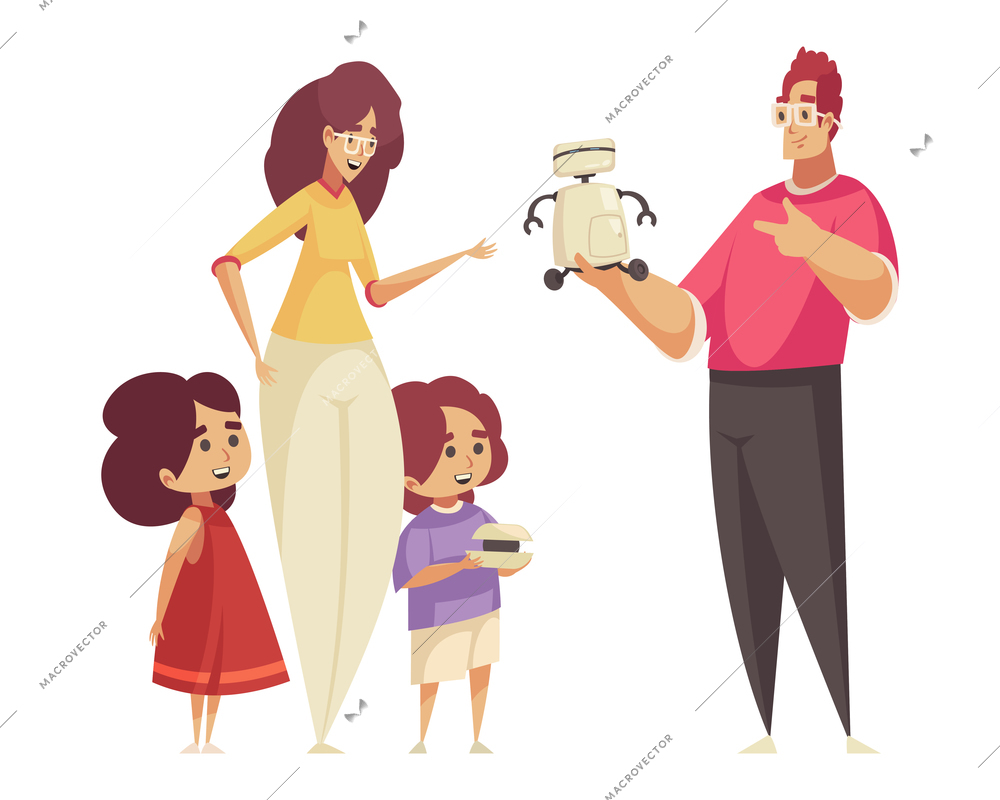 Robotics for kids composition with characters of family members with children mom and dad holding toy robot vector illustration