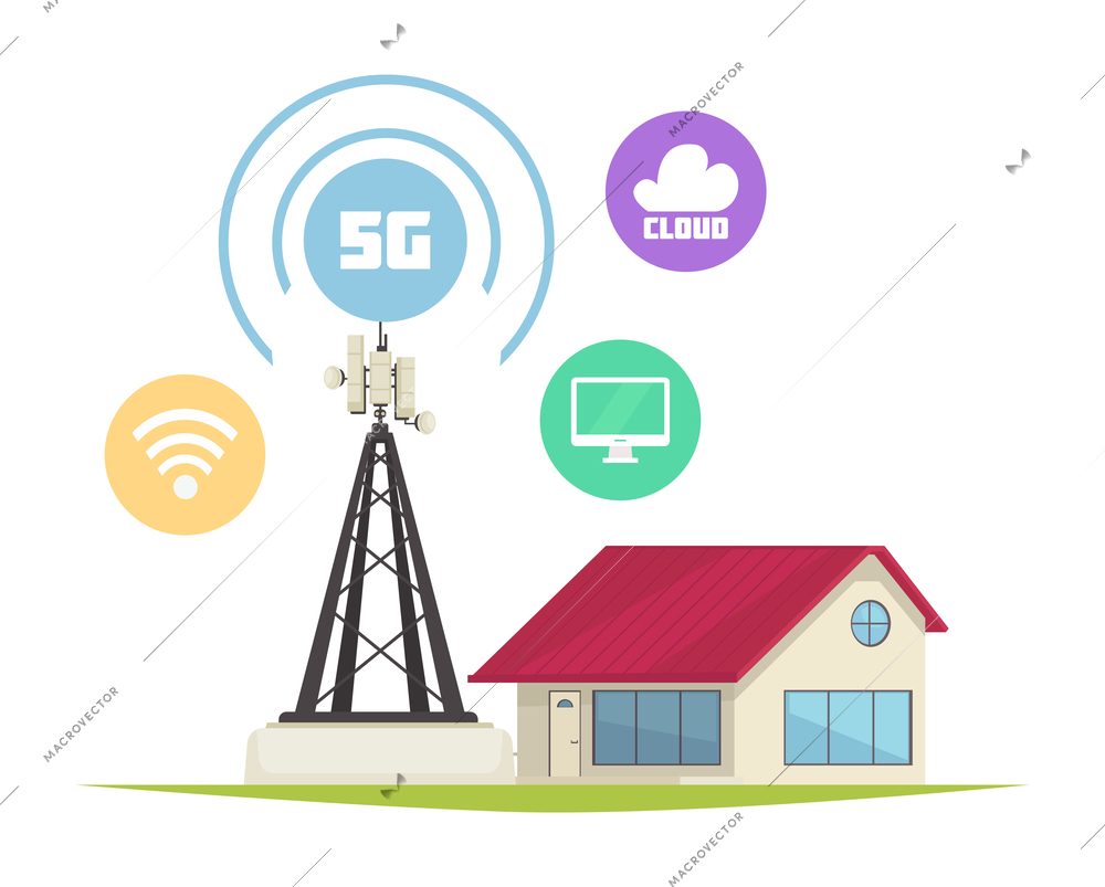 5g internet technology composition with isolated image of smart house with cellular tower and round icons vector illustration