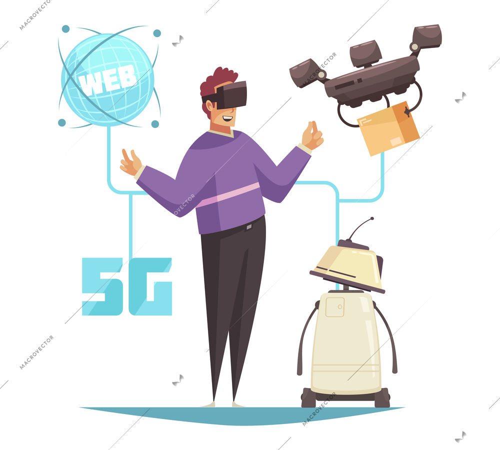 5g internet technology composition with images of smart gadgets robot and drone with icons flowchart vector illustration