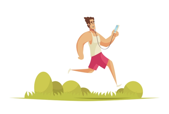Gadget addiction composition with outdoor scenery and running man in sportswear holding smartphone vector illustration