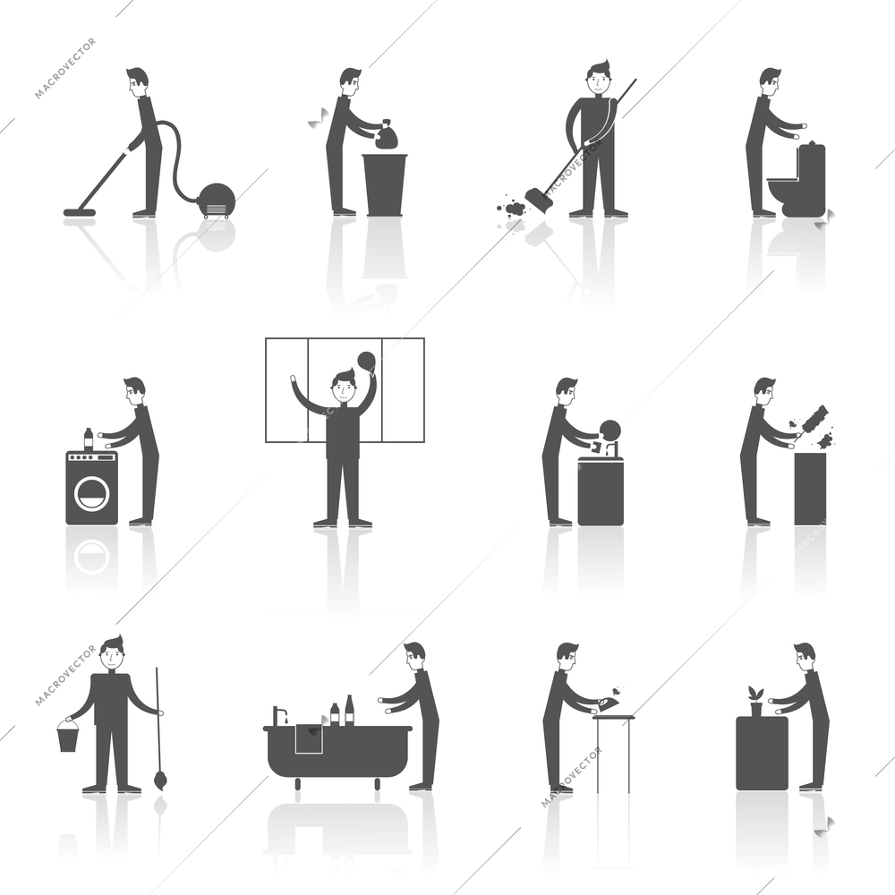 Cleaning black icons set with people figures and housekeeping equipment isolated vector illustration