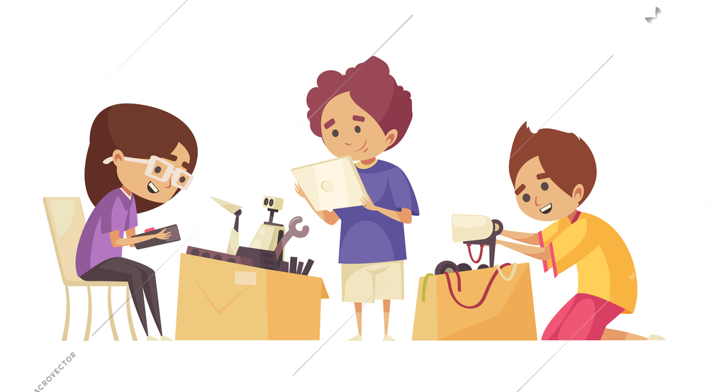 Robotics for kids composition with doodle characters of children assembling toy robots with toolbox vector illustration