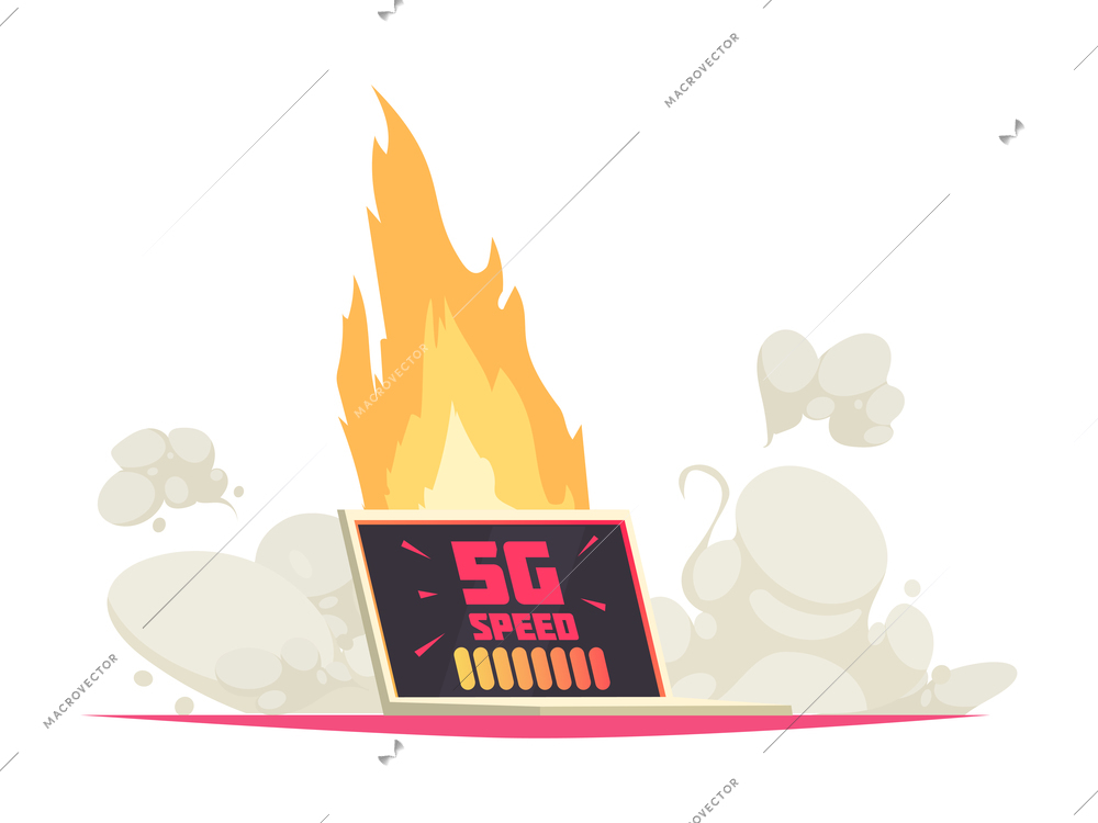 5g internet technology composition with isolated image of laptop with rocket flame and smoke vector illustration