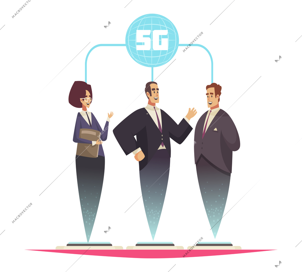 5g internet technology composition with isolated characters of holographic business workers video conference vector illustration