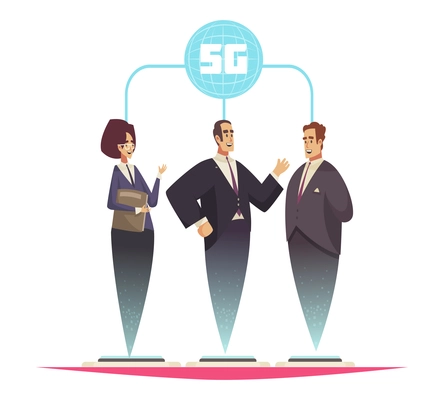 5g internet technology composition with isolated characters of holographic business workers video conference vector illustration