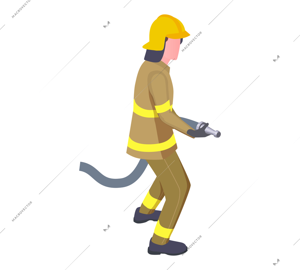 Emergency service isometric composition with isolated character of firefighter holding fire hose nozzle vector illustration