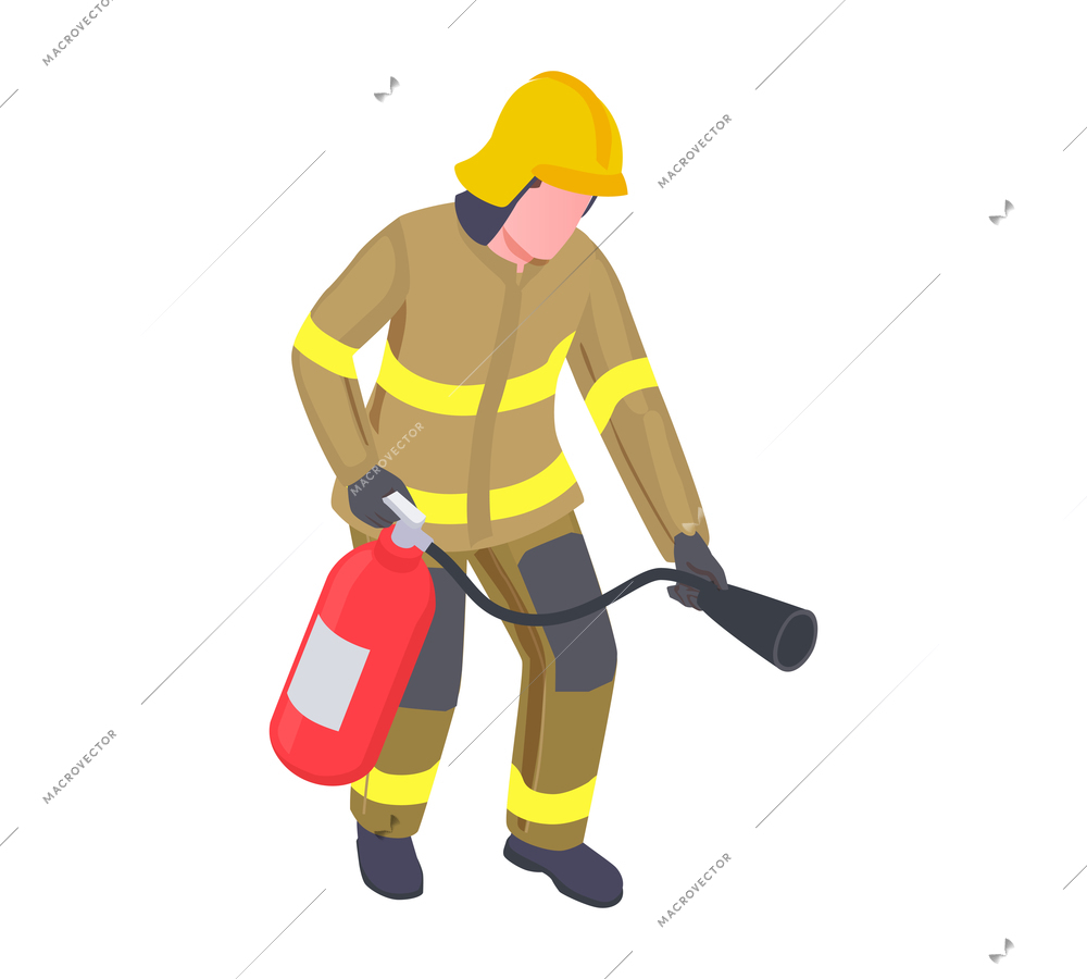 Emergency service isometric composition with isolated character of firefighter holding fire extinguisher vector illustration