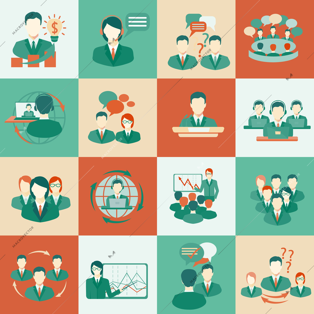 Business meeting flat icons set of collaboration planning partnership elements isolated vector illustration.