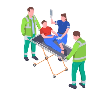 Emergency service isometric composition with characters of ambulance crew members crash cart victim and blood dripper vector illustration