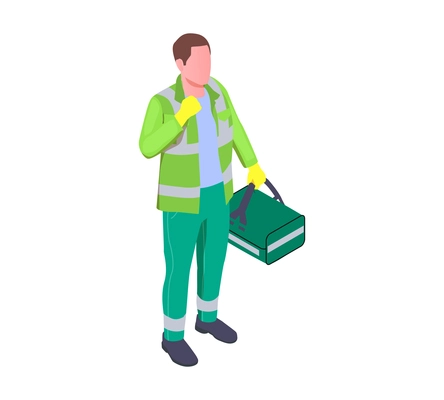 Emergency service isometric composition with isolated character of medical specialist with first aid box vector illustration