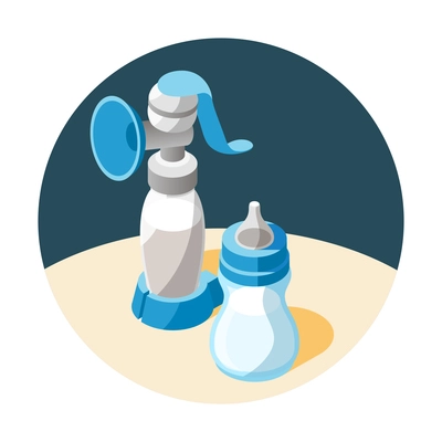 Baby feeding isometric round composition with two pump bottles of different size and shape vector illustration