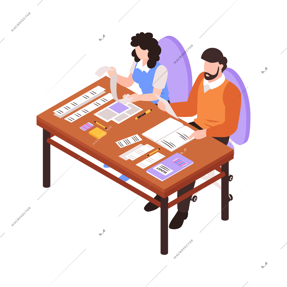 Isometric family budget home planning income expenses composition with couple at table with receipts vector illustration