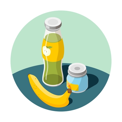 Baby feeding isometric round composition with images of infant food bottle with can and banana fruit vector illustration