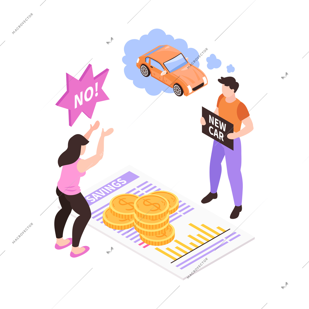 Isometric family budget home planning income expenses composition with new car dream vector illustration