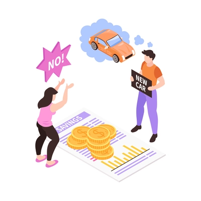 Isometric family budget home planning income expenses composition with new car dream vector illustration