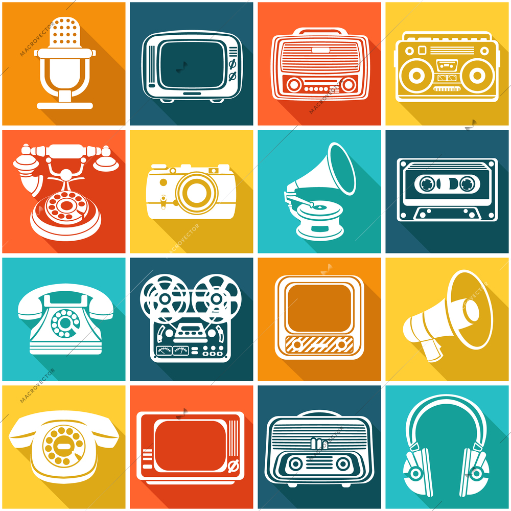 Vintage retro media gadgets icons set of headphones vinyl player tv isolated vector illustration