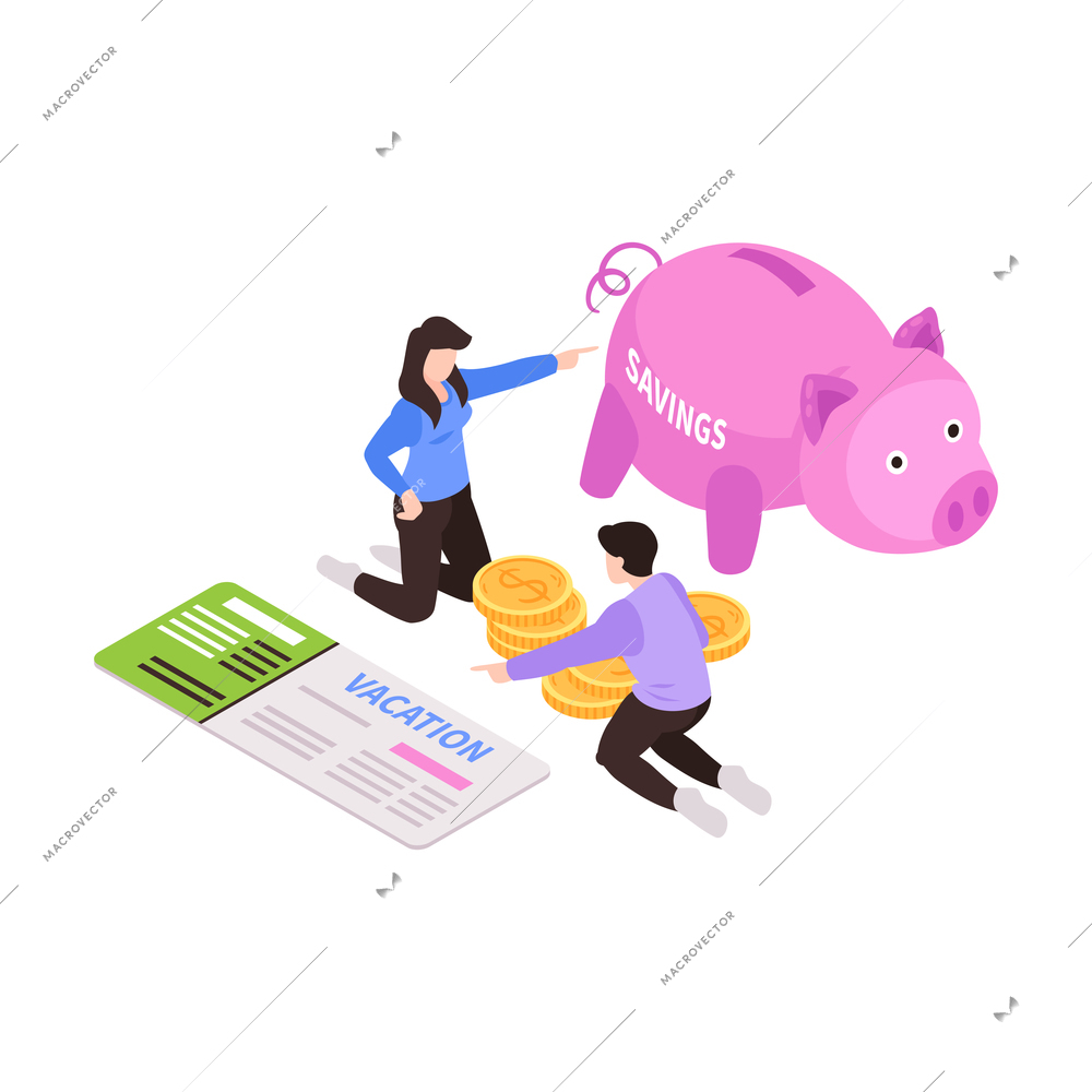 Isometric family budget home planning income expenses composition with people and piggy box vector illustration