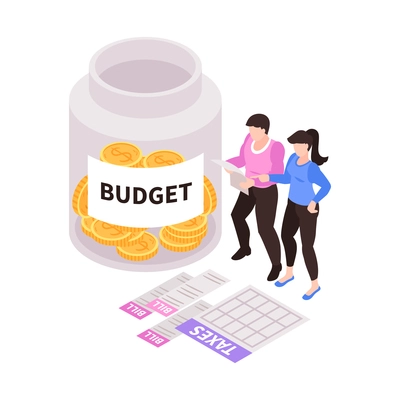 Isometric family budget home planning income expenses composition with bottle of coins vector illustration