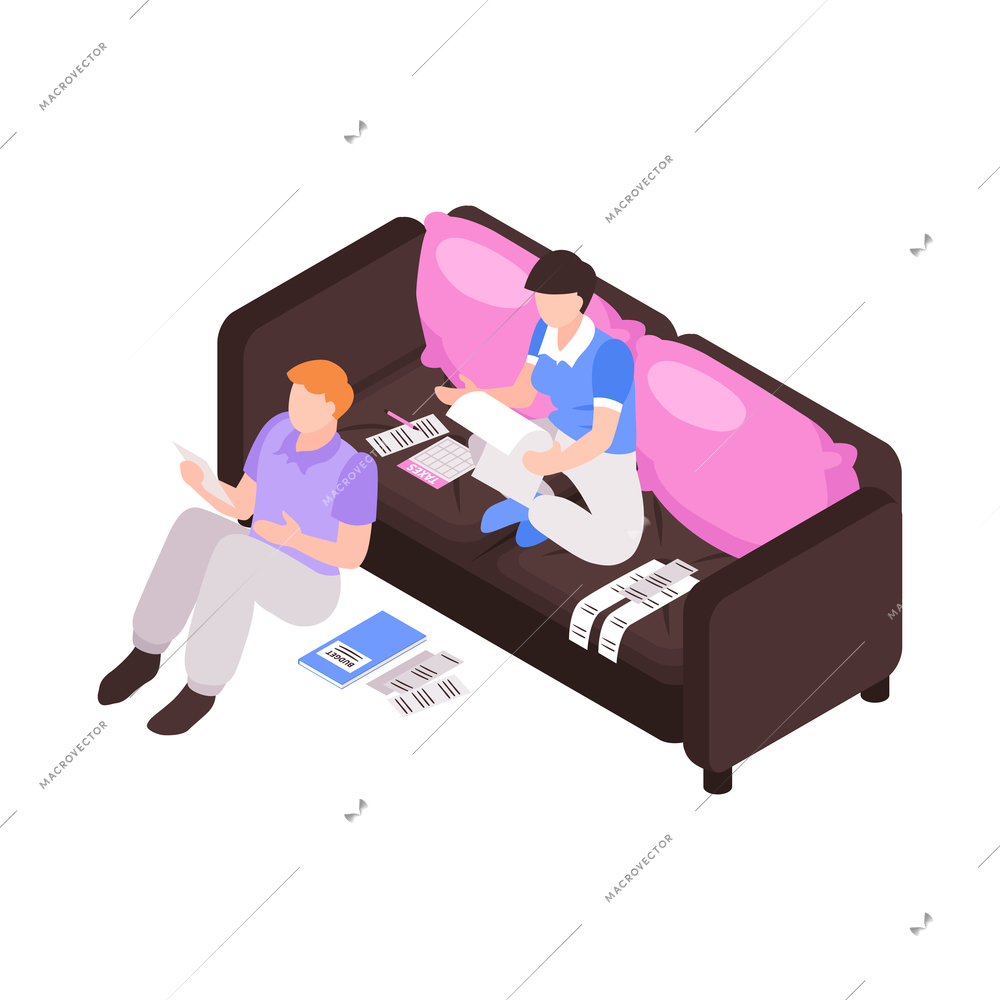 Isometric family budget home planning income expenses composition with people and paperwork vector illustration