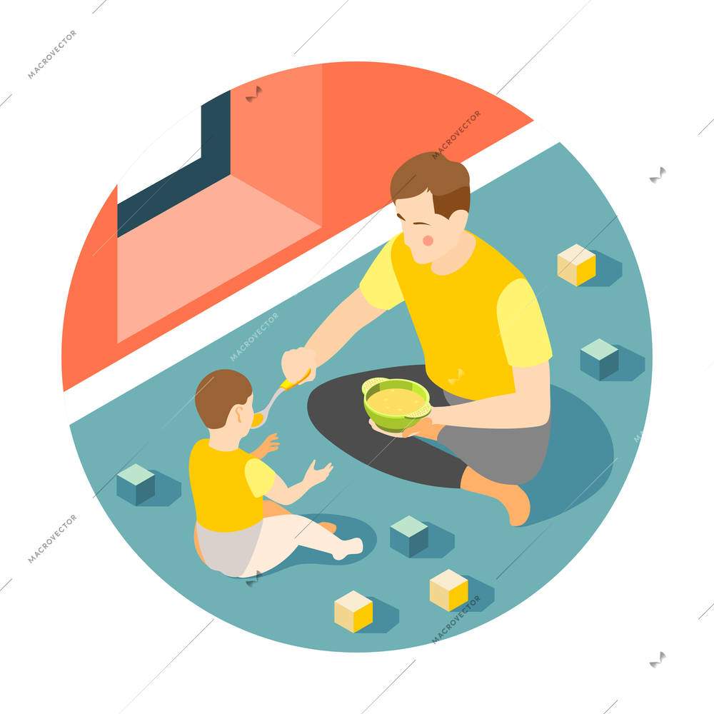 Baby feeding isometric round composition with father feeding baby with porridge vector illustration