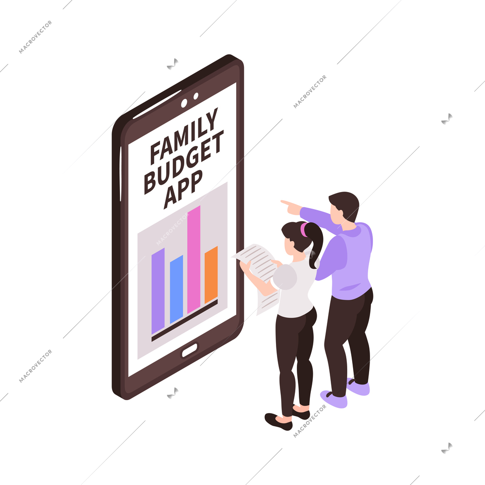 Isometric family budget home planning income expenses composition with smartphone and people vector illustration