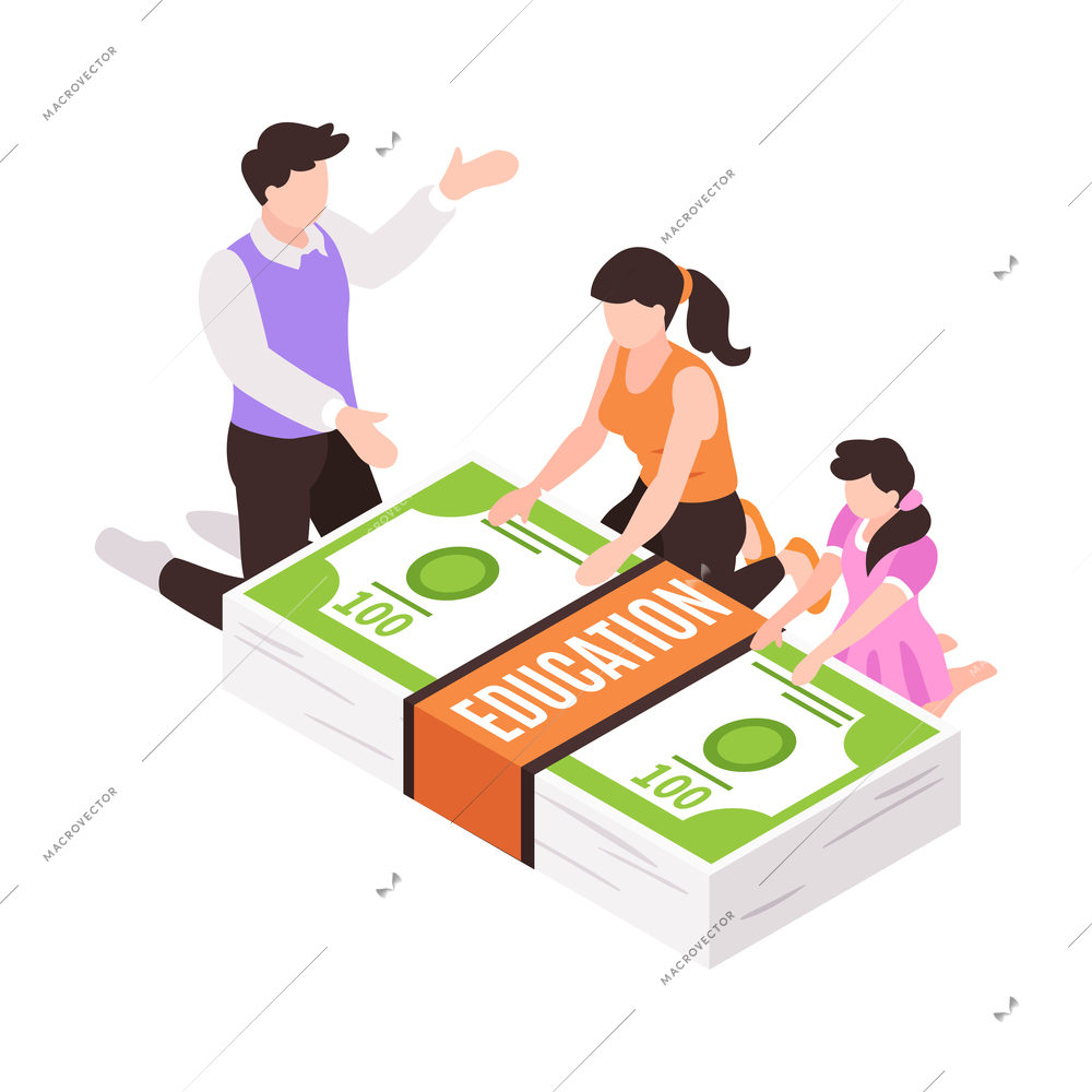 Isometric family budget home planning income expenses composition with banknotes for education vector illustration