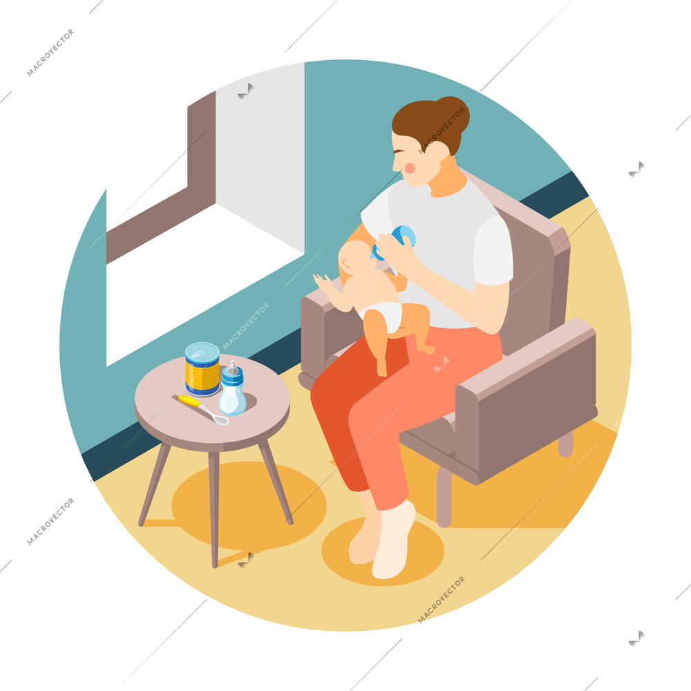 Baby feeding isometric round composition with view of woman feeding baby with pump bottle vector illustration