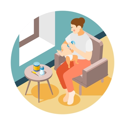 Baby feeding isometric round composition with view of woman feeding baby with pump bottle vector illustration