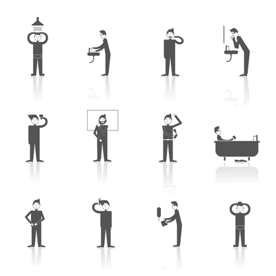 Hygiene icons black set with people figures facial and body care using isolated vector illustration