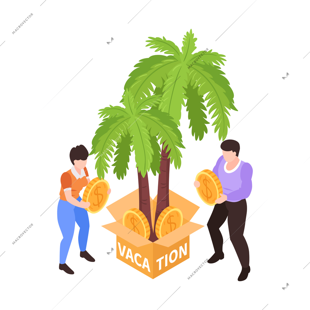 Isometric family budget home planning income expenses composition with palm trees in box with coins and people vector illustration