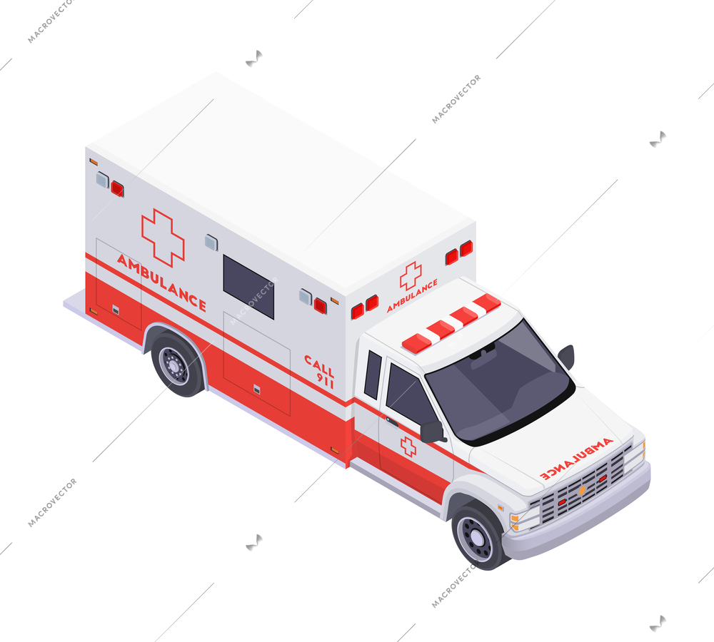 Emergency service isometric composition with isolated image of ambulance car vector illustration