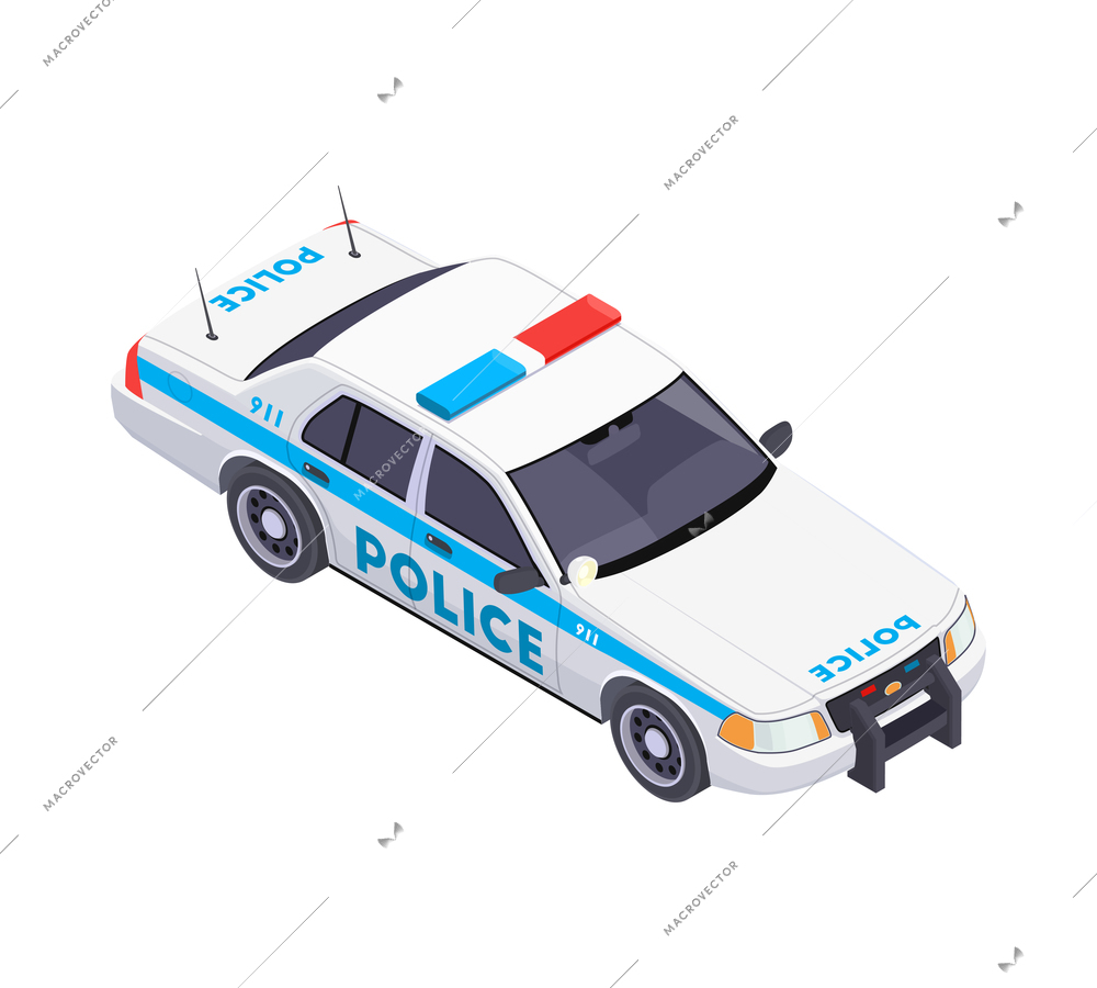 Emergency service isometric composition with isolated image of police car vector illustration