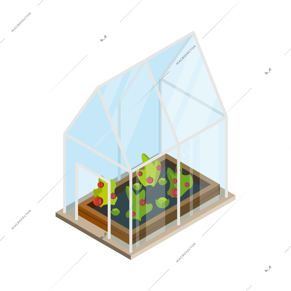 Countryside isometric composition with isolated image of hothouse with flowers on blank background vector illustration