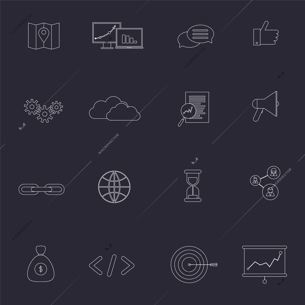 SEO marketing outline icons set with choice optimisation social network cloud isolated vector illustration