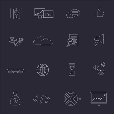 SEO marketing outline icons set with choice optimisation social network cloud isolated vector illustration