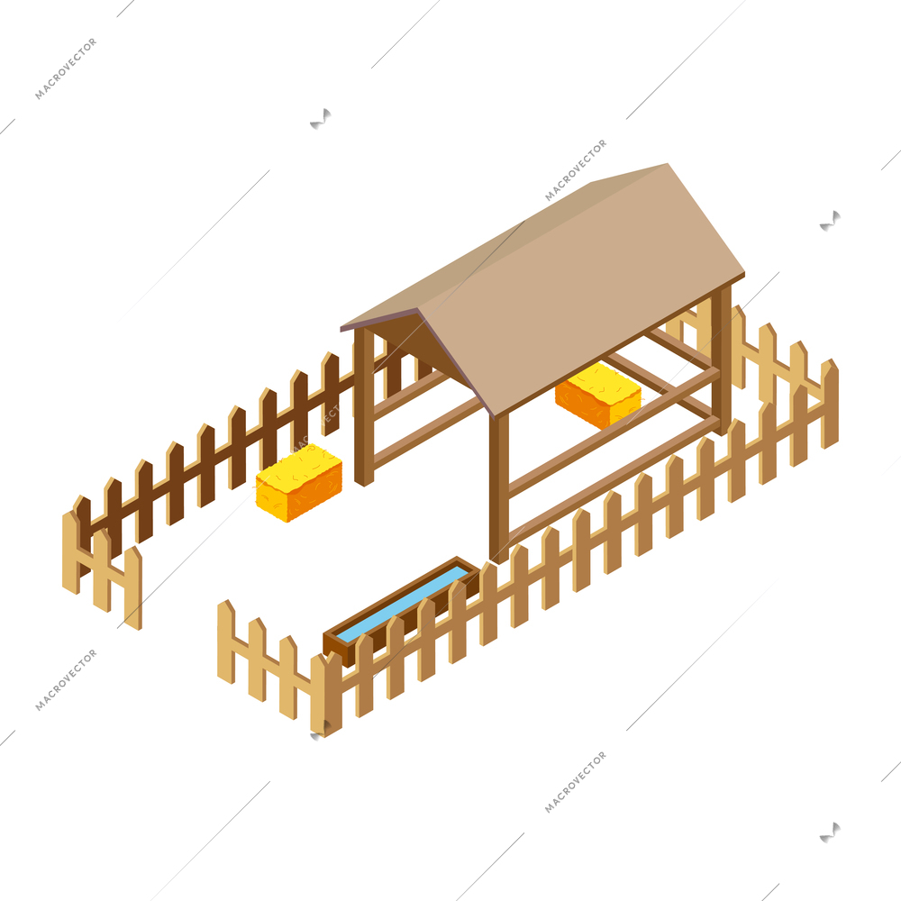 Countryside isometric composition with isolated image of fenced enclosure for cattle on blank background vector illustration