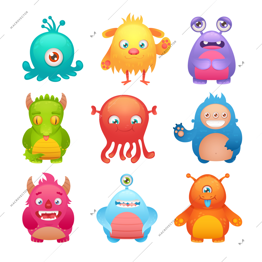 Cute cartoon monsters funny alien character icons set isolated vector illustration