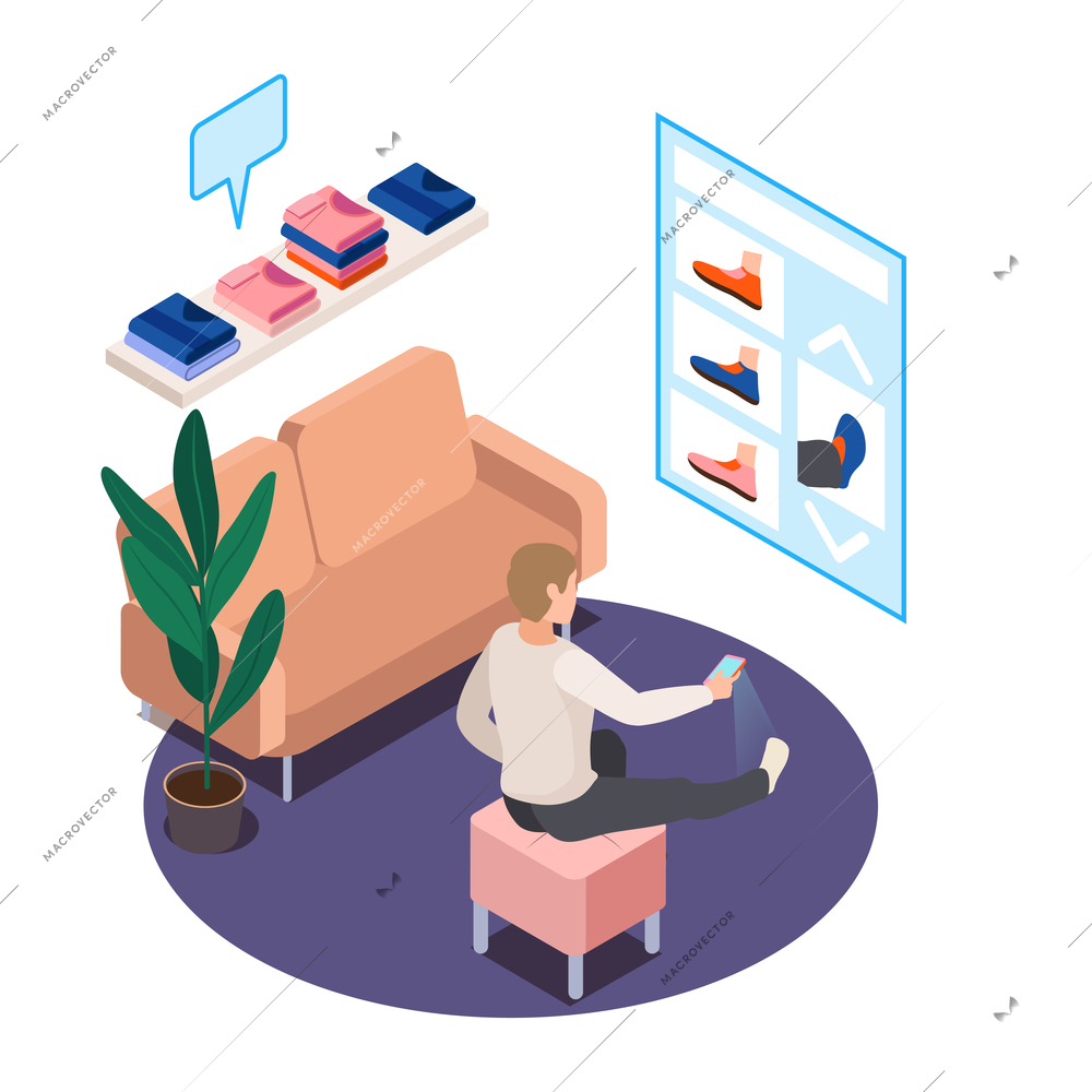 Modern clothing store isometric composition with view of fitting room with screen and remote vector illustration