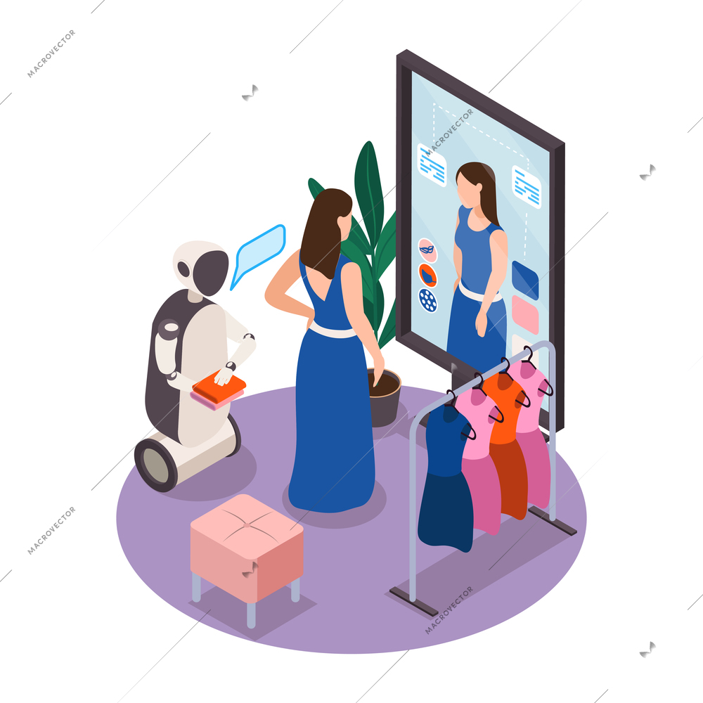 Modern clothing store isometric composition with view of fitting room and robotic shop assistant vector illustration