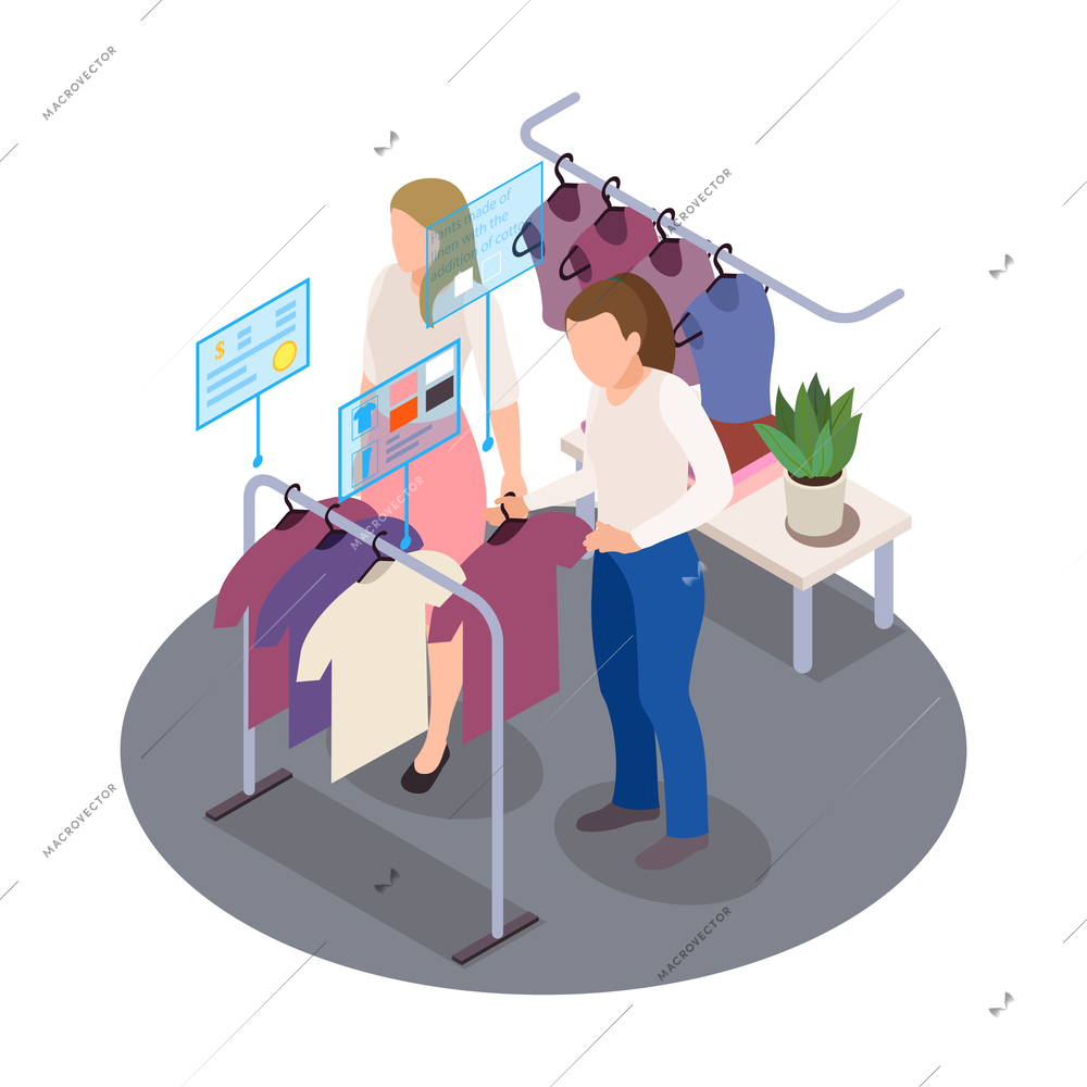 Modern clothing store isometric composition with view of racks with holographic tags attached to items vector illustration