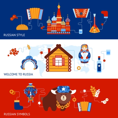 Russia travel style symbols banner set with traditional national elements icons set vector illustration