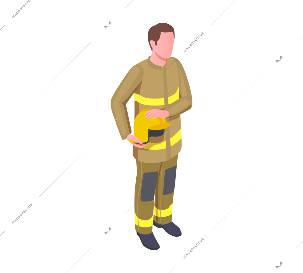 Emergency service isometric composition with faceless character of firefighter holding helmet vector illustration