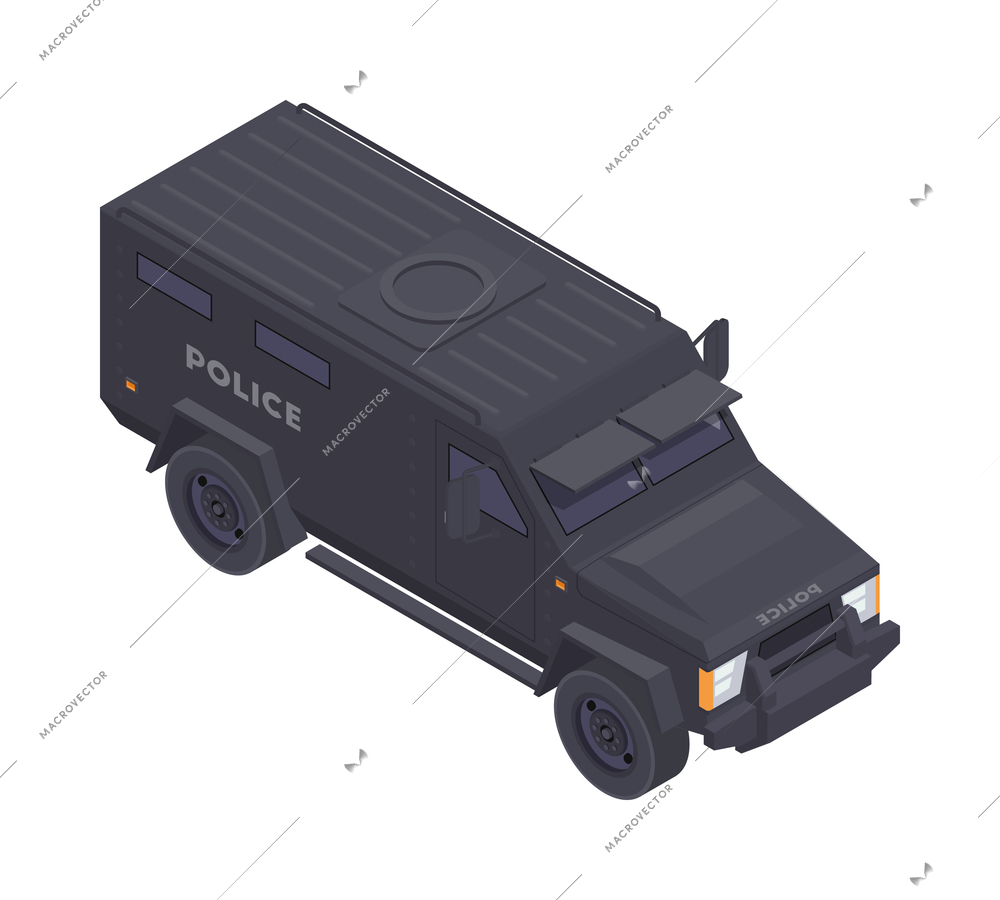 Emergency service isometric composition with isolated image of special police force car vector illustration