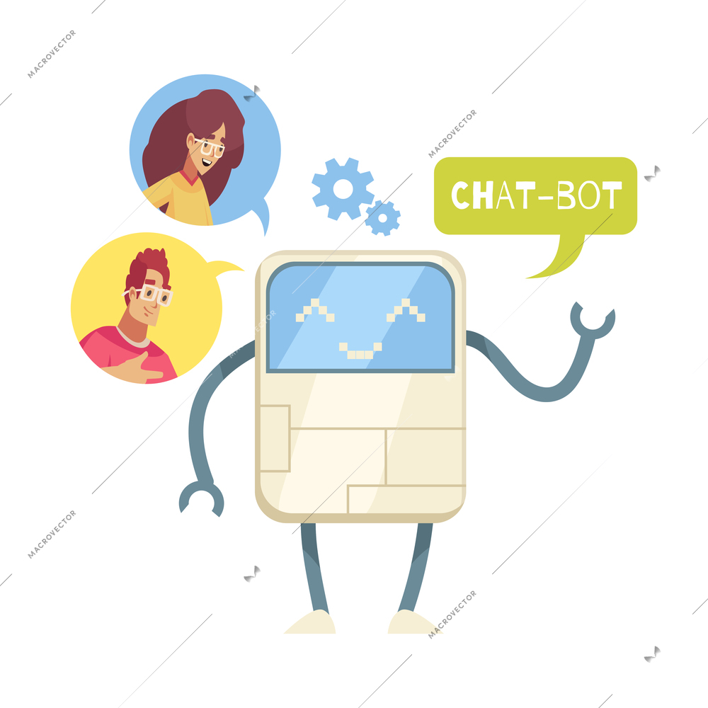 Dispatchers client support call center composition with robot thought bubble gear and clients chat heads vector illustration