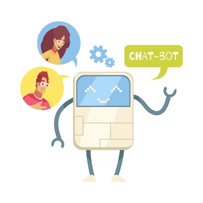 Dispatchers client support call center composition with robot thought bubble gear and clients chat heads vector illustration