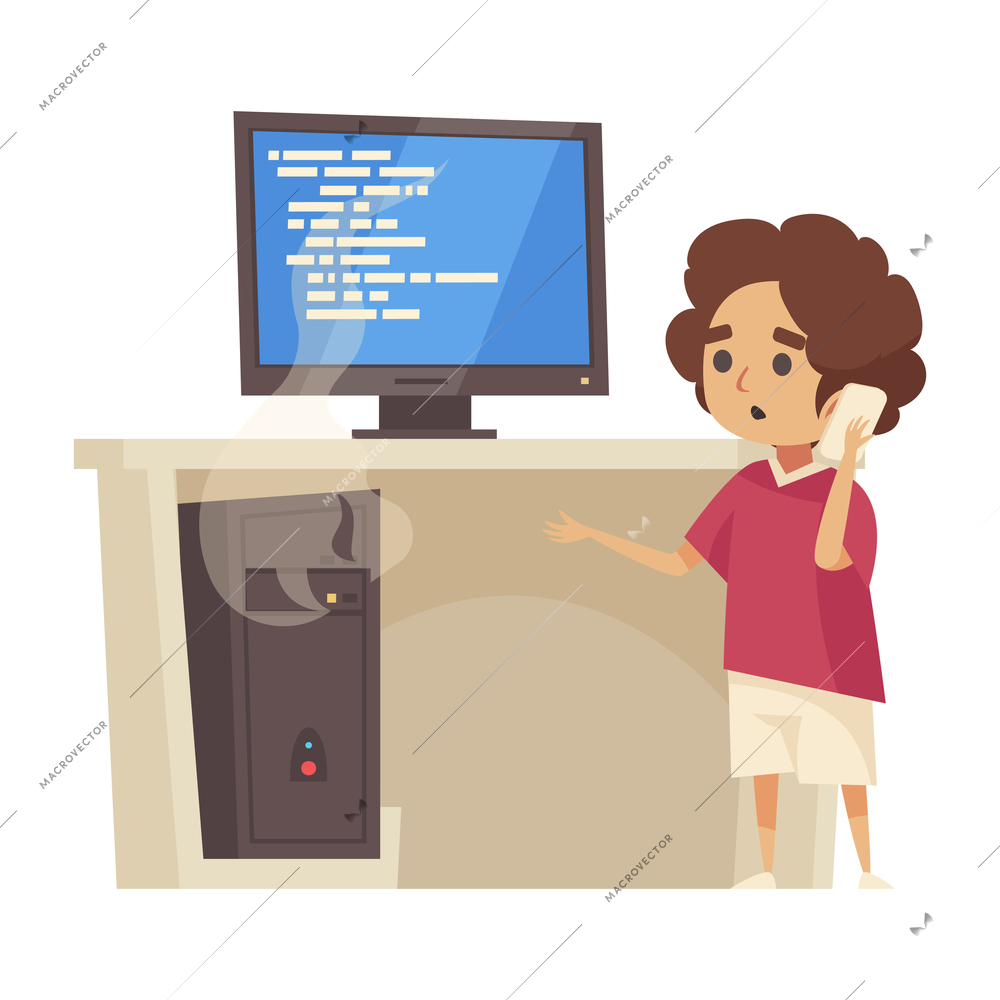 Dispatchers client support call center composition with guy calling phone and broken computer vector illustration