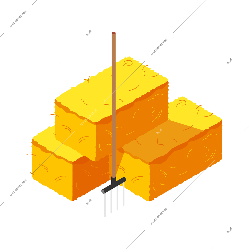 Countryside isometric composition with isolated images of haymows with pitchfork on blank background vector illustration