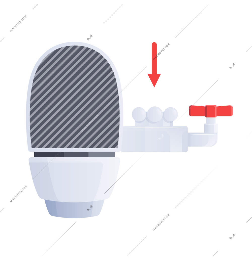 Water filter flat composition with profile view image of wall mount filter with arrow and pet cock vector illustration